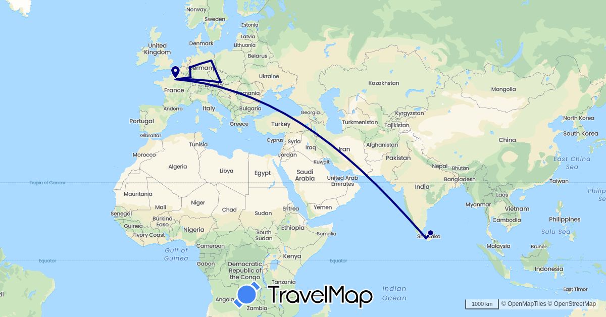 TravelMap itinerary: driving in Austria, Germany, France, Sri Lanka (Asia, Europe)